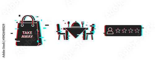 Takeaway bag dining table and review rating on white background. Glitch effect