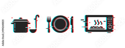Cooking pot plate and microwave icons representing kitchen utensils. Glitch effect
