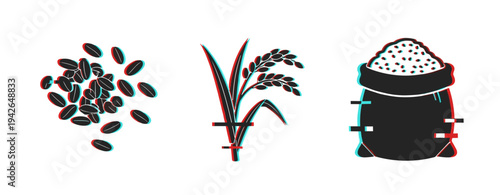 Coffee beans rice plant and grain sack representing harvest. Glitch effect