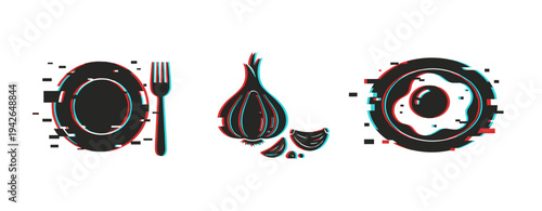 Garlic and egg with plate and fork on white background. Glitch effect