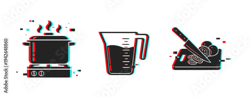 Cooking utensils boiling measuring and chopping on white background. Glitch effect