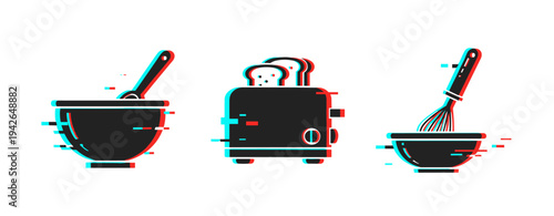 Breakfast and baking icons showing preparation and kitchen tools. Glitch effect
