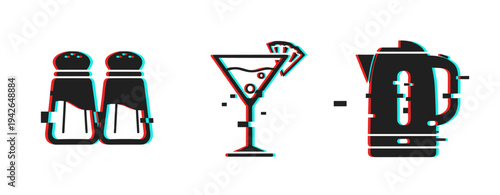 Condiment cocktail kettle icons displayed with glitch effect on white. Glitch effect
