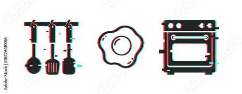Kitchen utensils fried egg and oven arranged on white background. Glitch effect