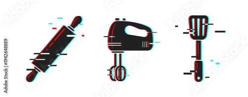 Baking tools arranged with glitch effect on white background. Glitch effect