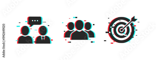 People communication group and target icons on white background. Glitch effect