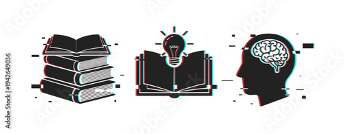 Education icons showing learning ideas and knowledge on white background. Glitch effect