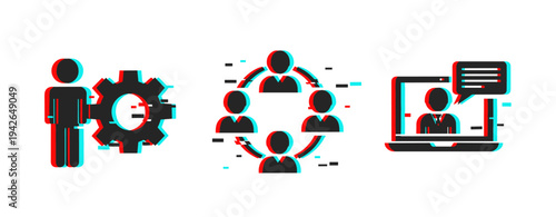 Teamwork and management icons showing collaboration in remote setting. Glitch effect