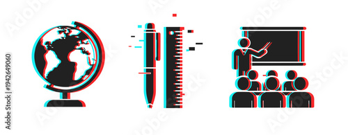 Globe pen ruler with teacher presenting in classroom icons. Glitch effect