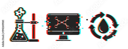 Laboratory flask, molecular monitor and water cycle icons. Glitch effect