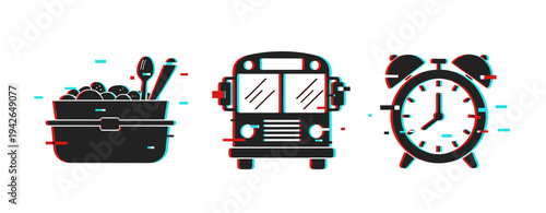 Meal container vehicle and alarm clock icons on white background. Glitch effect