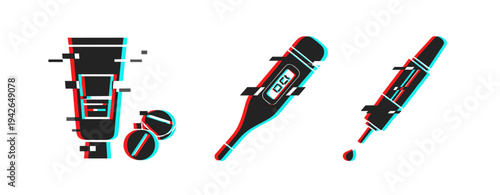 Medical thermometer, syringe, and pill tube shown on white background. Glitch effect