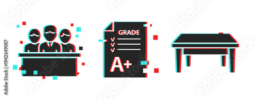 Panel of people, graded paper and table with icons. Glitch effect