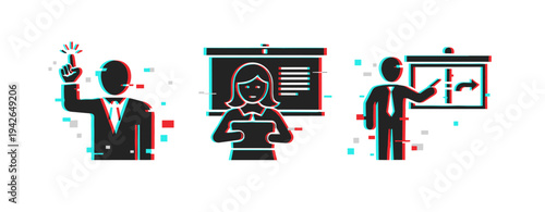 Presenter teacher and trainer icons showing slides on white. Glitch effect