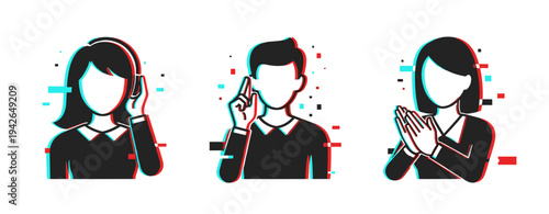 Customer support agent, speaker, and applauding person icons on white. Glitch effect