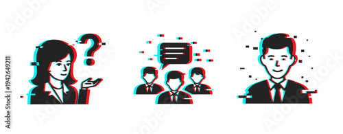 Business people discussing questions and communication in office. Glitch effect