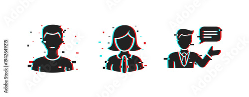 Business profile avatars showing professionals communicating. Glitch effect