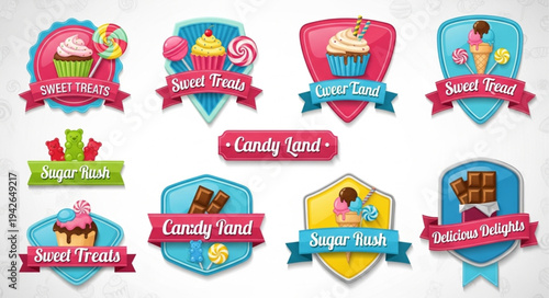 Sweet Treats and Candy Land Badges Collection with Cupcakes, Chocolate, and Candies.