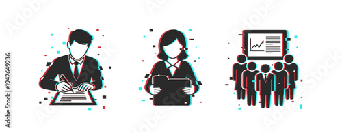 Office worker writing and colleague holding tablet during presentation. Glitch effect