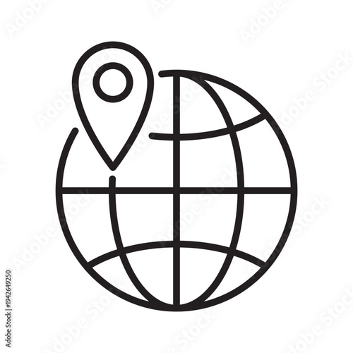Minimal globe with location pin line icon representing global positioning, international navigation and worldwide mapping systems.