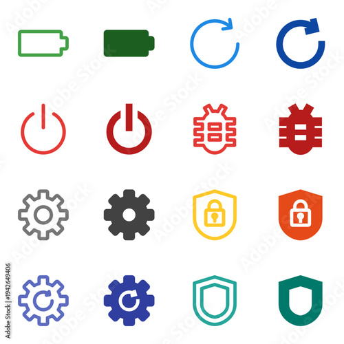 Flat Colored Battery, Power Button, Reboot, Settings, System Update, Security, Shield, Bug Report Icon Set for System Interface