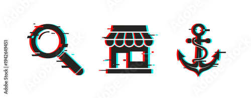 Glitch effect icons: magnifying glass, storefront, anchor on white background