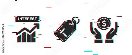 Interest growth chart, price tag, and currency in glitch style icons