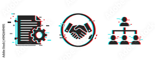 Glitch effect icons: document, handshake, team structure in digital art style