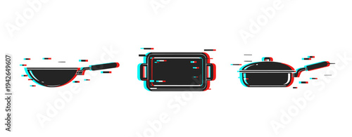 Glitch art style kitchen cookware set: pot, pan, and wok with digital distortion