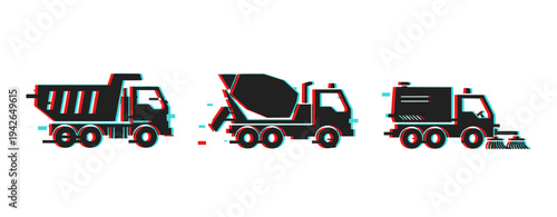 Glitch art: dump truck, cement mixer, and street sweeper icons
