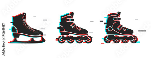 Glitch art of ice, inline, and roller skates side by side