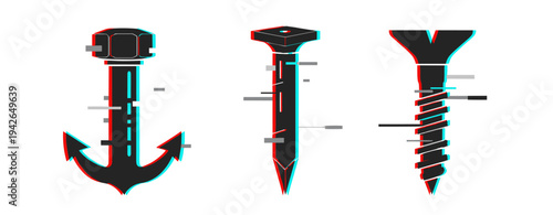 Trendy glitch art: anchor bolt, hexagon nail, spiral screw design