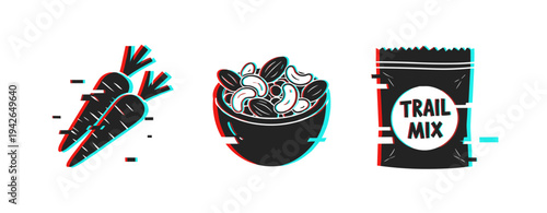 Glitch art carrots, nuts bowl, and trail mix packaging