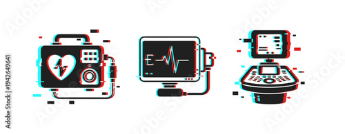 Glitch art medical devices illustration: defibrillator, ecg monitor, ultrasound