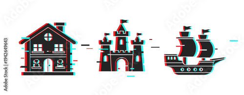 3d anaglyph icon set of house, castle, and ship in retro glitch style