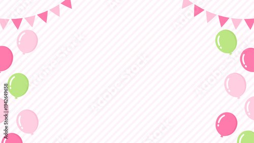 ピンクの風船とストライプ柄の背景、16対9の横長サイズ
