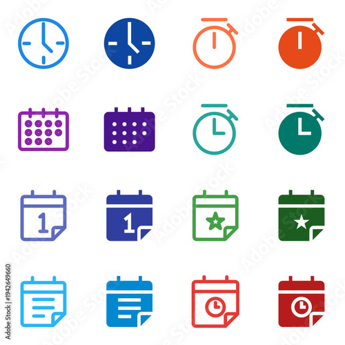 Flat Colored Clock, Timer, Stopwatch, Calendar, Date, Schedule, Event, Deadline Icon Set for System Interface
