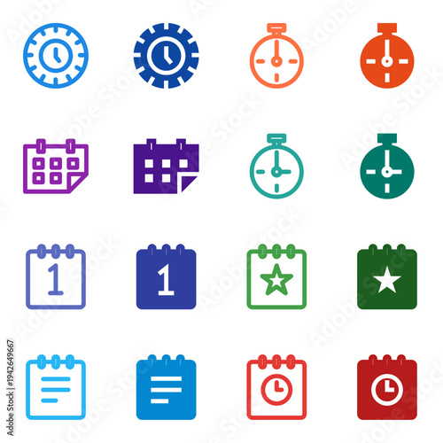 Flat Colored Clock, Timer, Stopwatch, Calendar, Date, Schedule, Event, Deadline Icon Set for System Interface