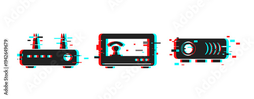 Glitch effect icons: router, tv, and projector on white background
