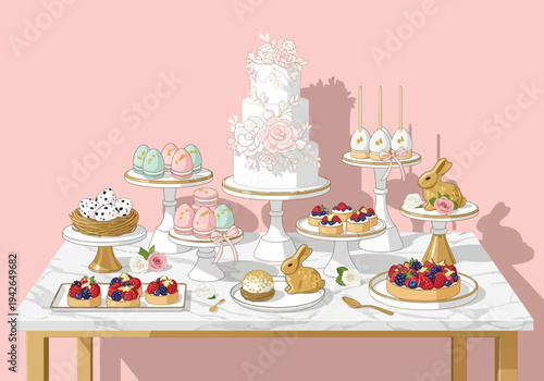 Delicious desserts arranged on a table indoors with cake and fruits