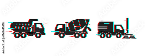Silhouette of construction vehicles in glitch art style on white background