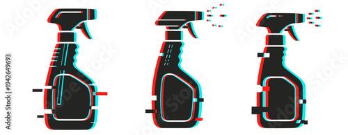 Abstract glitch art of three spray bottles in tricolor design