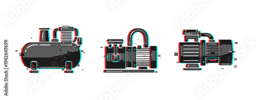 Set of glitch style industrial mechanical pumps