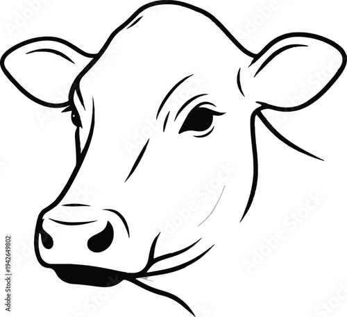 A black and white illustration of a cow's head in a simple style