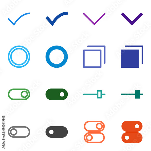 Flat Colored Checkbox, Radio Button, Toggle On, Toggle Off, Dropdown, Slider, Switch, Tab Icon Set for System Interface