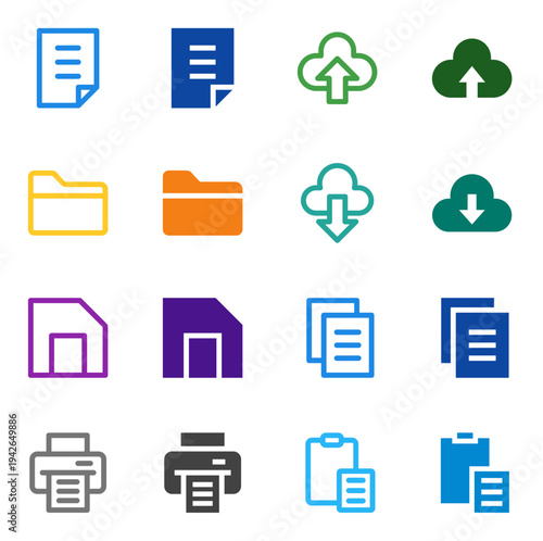Flat Colored File, Folder, Upload, Download, Save, Print, Copy, Paste Icon Set for System Interface