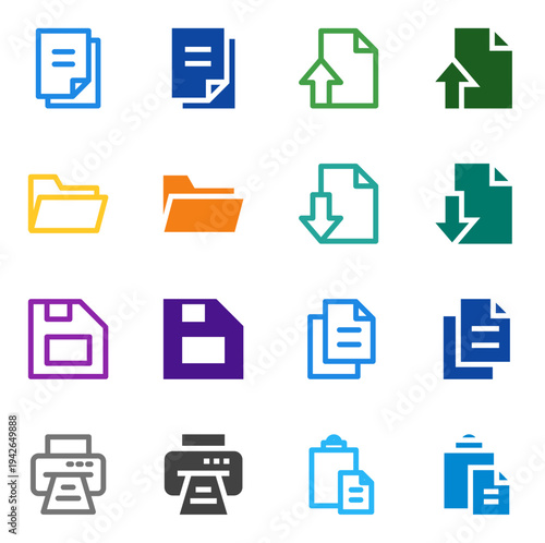 Flat Colored File, Folder, Upload, Download, Save, Print, Copy, Paste Icon Set for System Interface