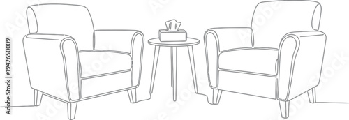 Therapeutic setting illustrated with continuous line art showing two chairs and a table with tissues, symbolizing support and dialogue.