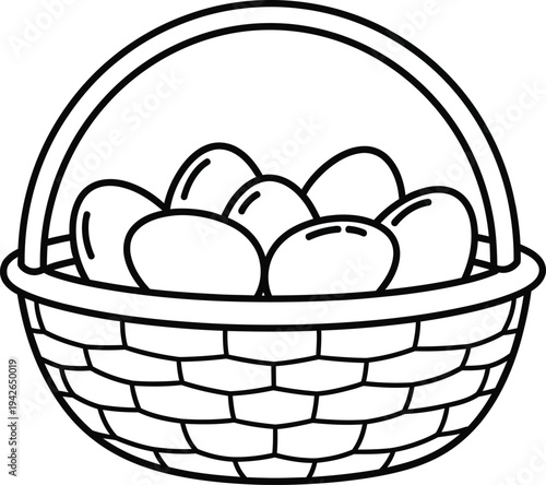 Simple black and white outline drawing of a wicker basket filled with several whole eggs perfect for coloring.