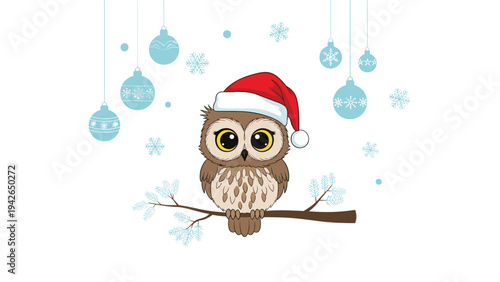 A festive Christmas illustration of an adorable owl with big eyes wearing a Santa hat, perched on a branch under falling snowflakes and hanging ornaments.